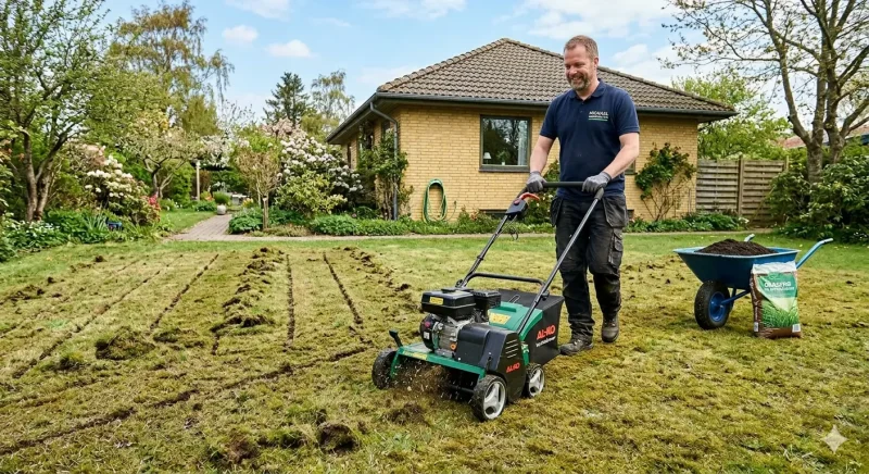 Mand lufter græsplæne med vertikalskærer i have