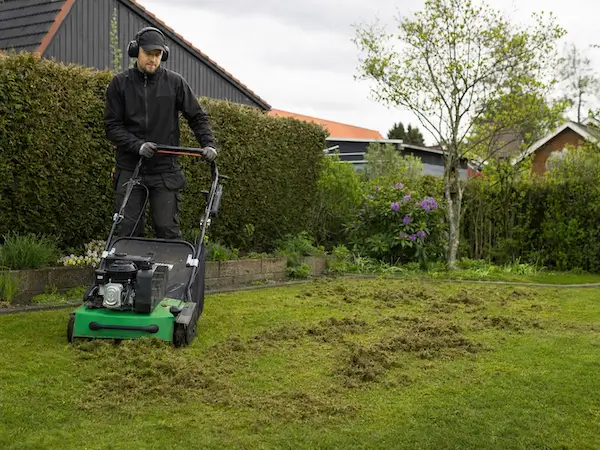 Mand vertikalskærer græsplæne i villahave