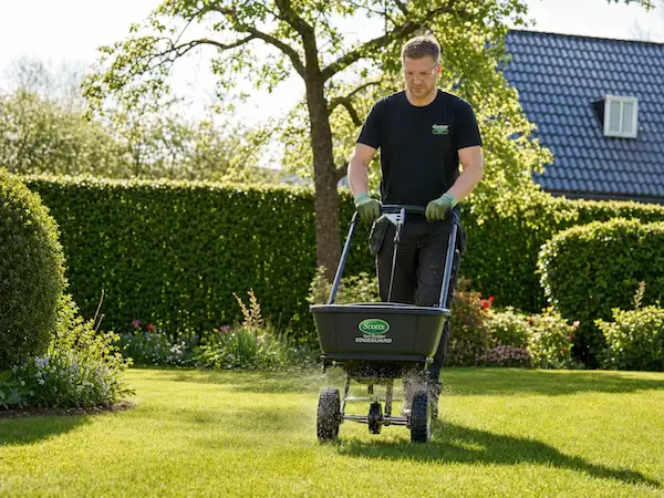 Mand spreder gødning på grøn græsplæne
