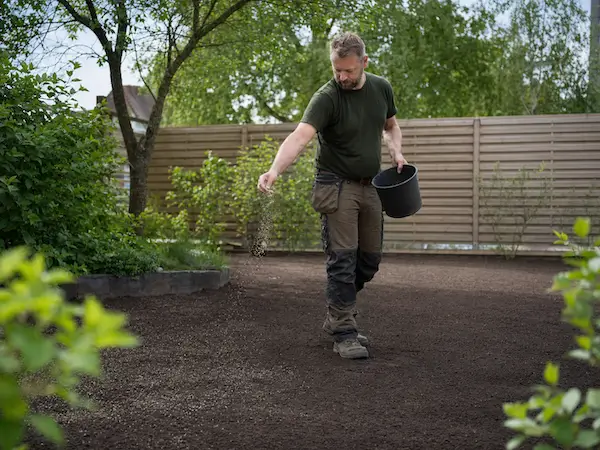 Mand spreder frø i haven