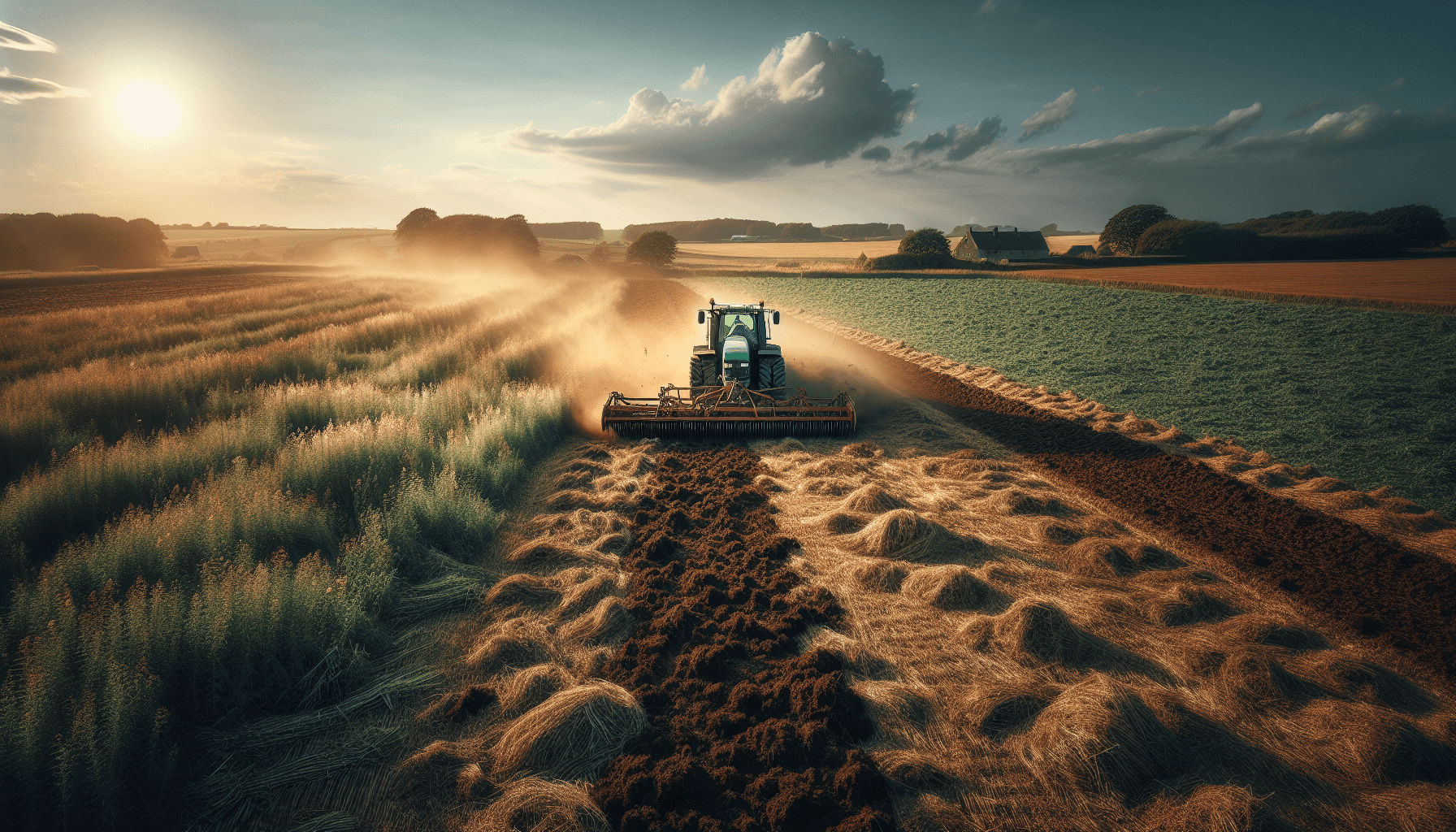 Traktor høster mark i gyldent sollys