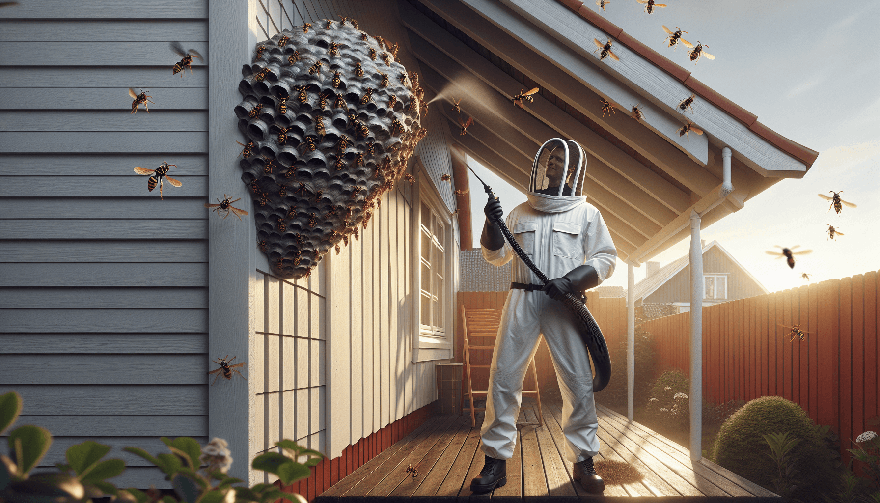 Professionel fjernelse af hvepsebo under tagudhæng med værnemidler og sikkerhedsudstyr