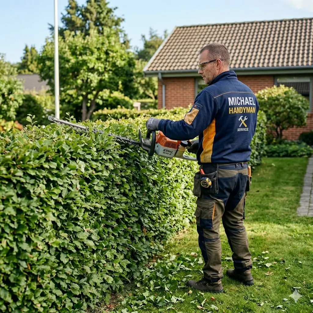 Handyman klipper hæk i villahave