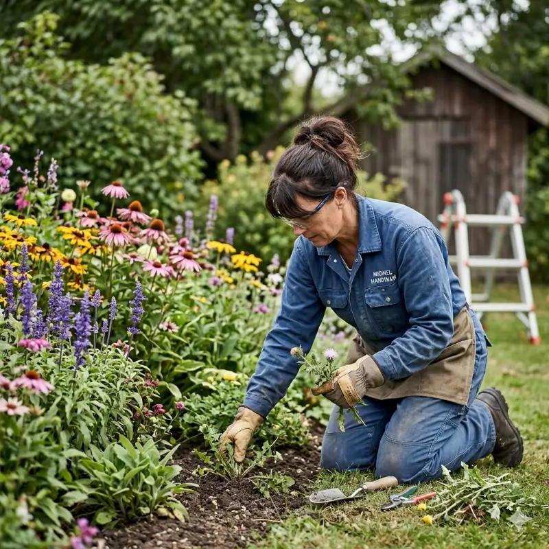 Kvinde luger ukrudt i farverig blomsterhave