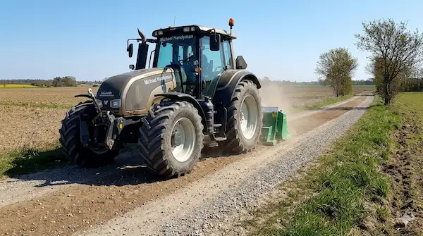 Stor traktor kører på grusvej i landbrugslandskab