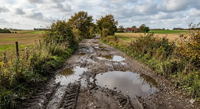 Mudderfyldt grusvej med vandpytter i landligt landskab